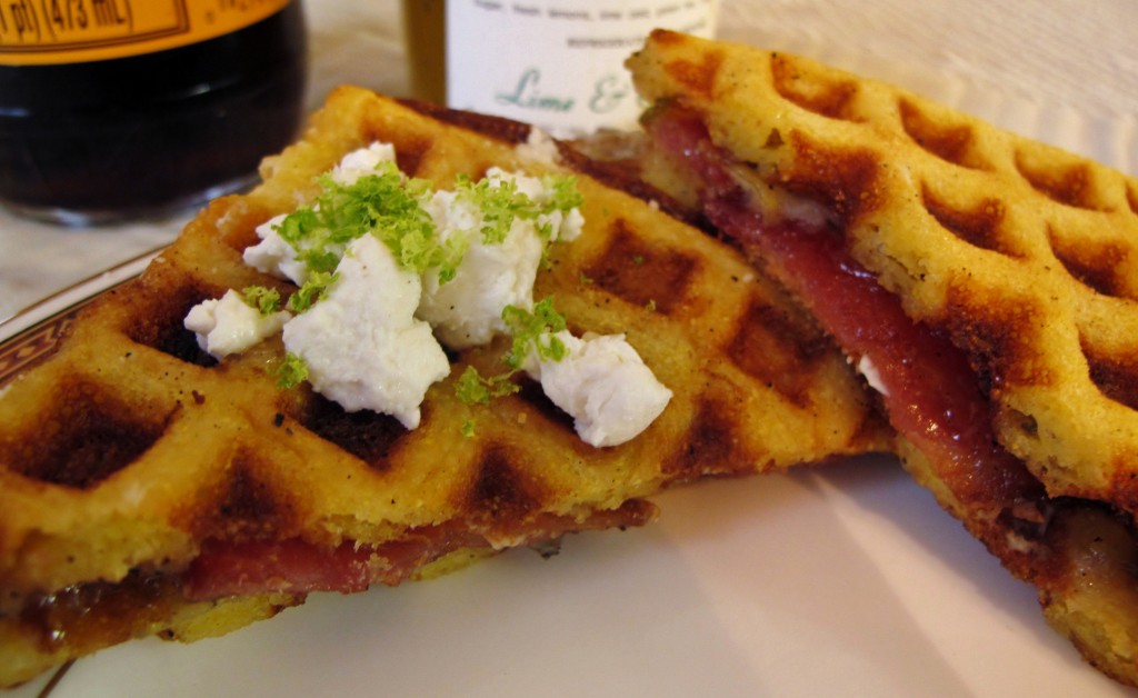 Cornbread Waffle Sandwich with Bacon, Lime Marmalade & Goat Cheese