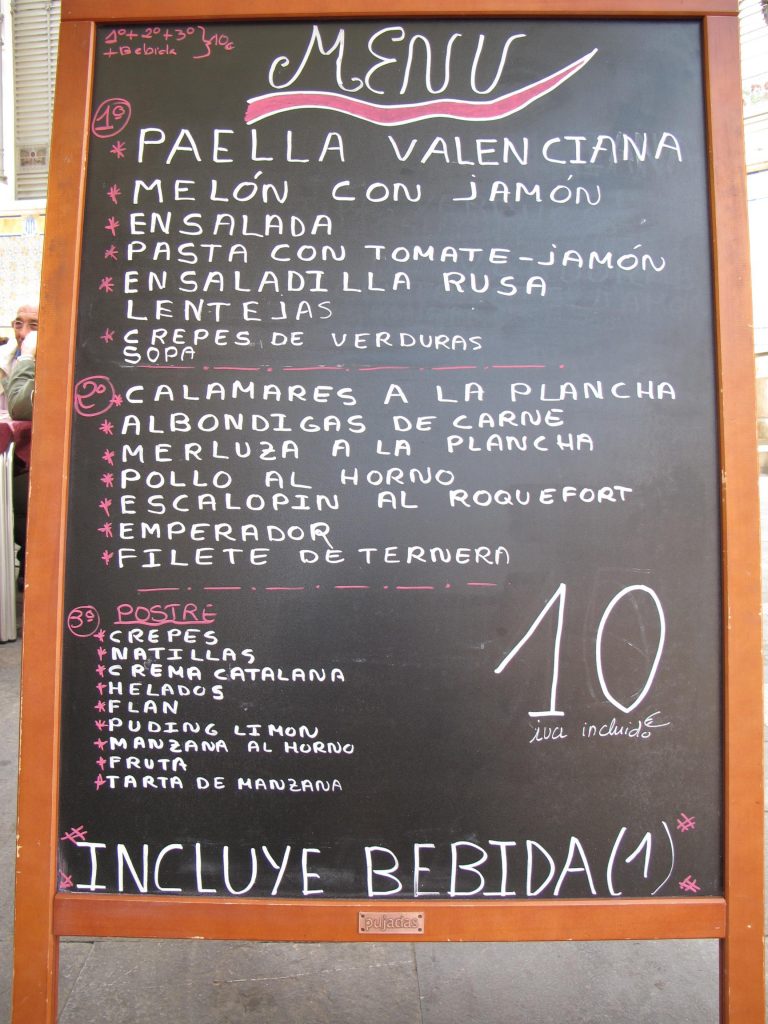 lunch menu in Valencia at Mercado Central IMG 2245menu at Mercado Centrum 768x1024 Spain, Valencia inland to Teurel: Lessons Learned and Food Enjoyed Day 3