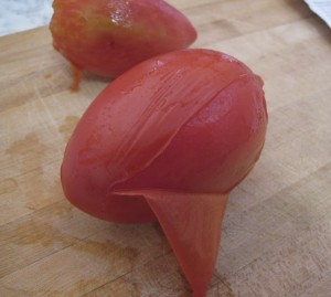 Peeling tomato skins IMG 3546 300x269 Heirloom Tomato Tarte Tatin Recipe & Technique